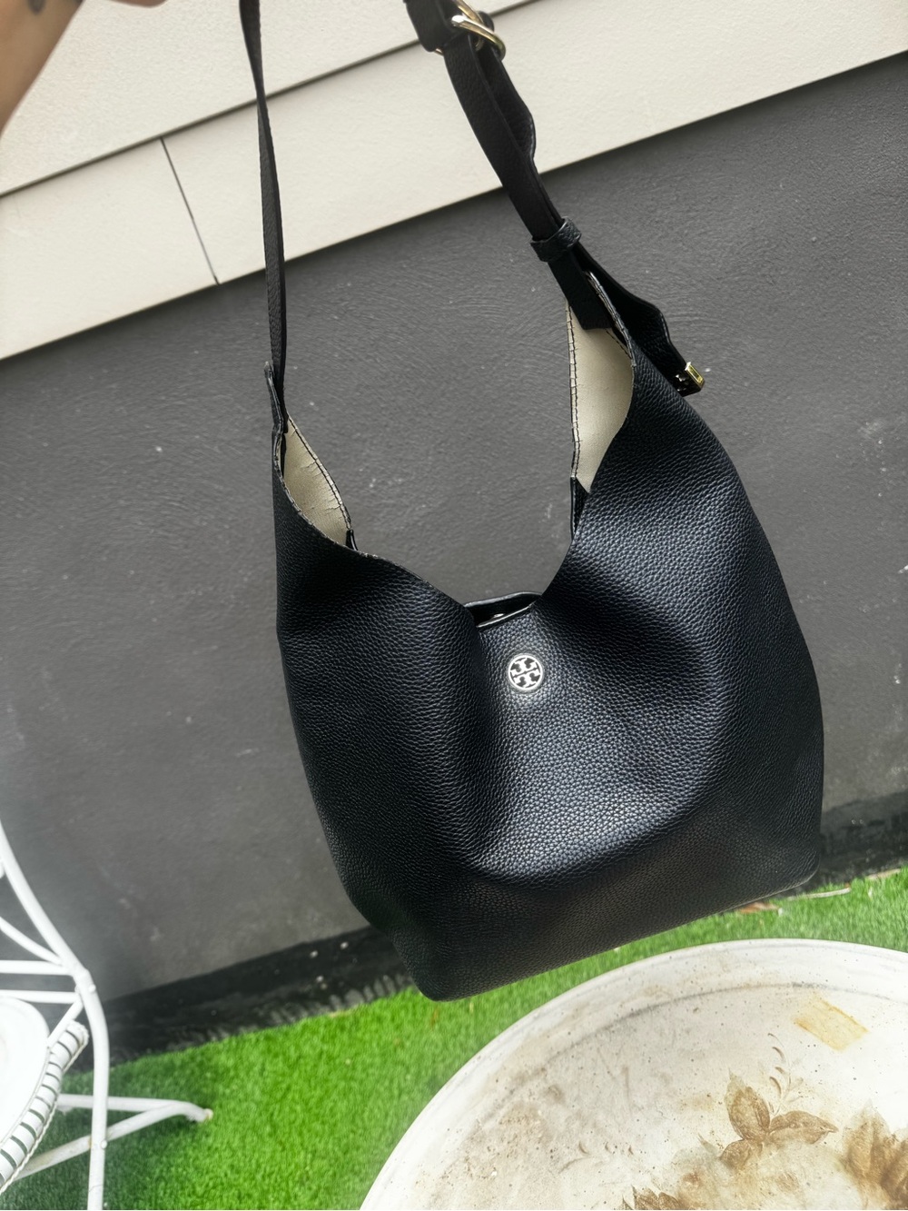 Tory Burch Black Pebbled Leather Hobo with Logo Medallion